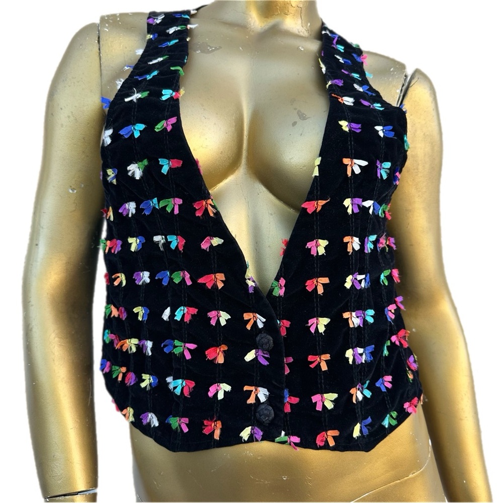 Vintage TRY ONE multi-color rainbow Bow Embellished Black Vest Top size S
